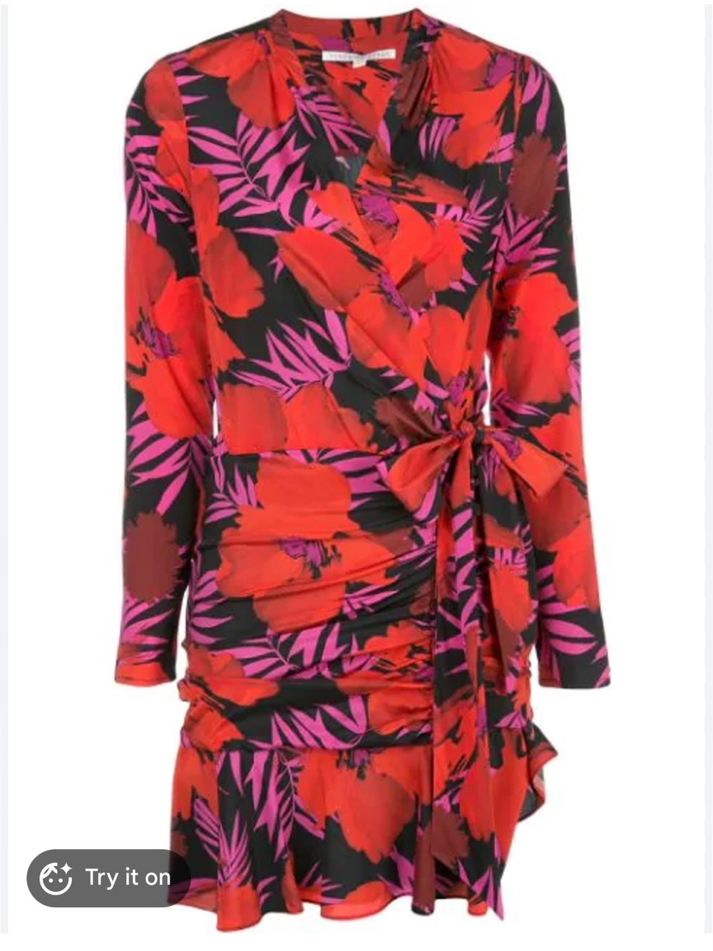 Veronica Beard Black Floral Wrap Long-Sleeve Minidress with Red & Pink Blooms